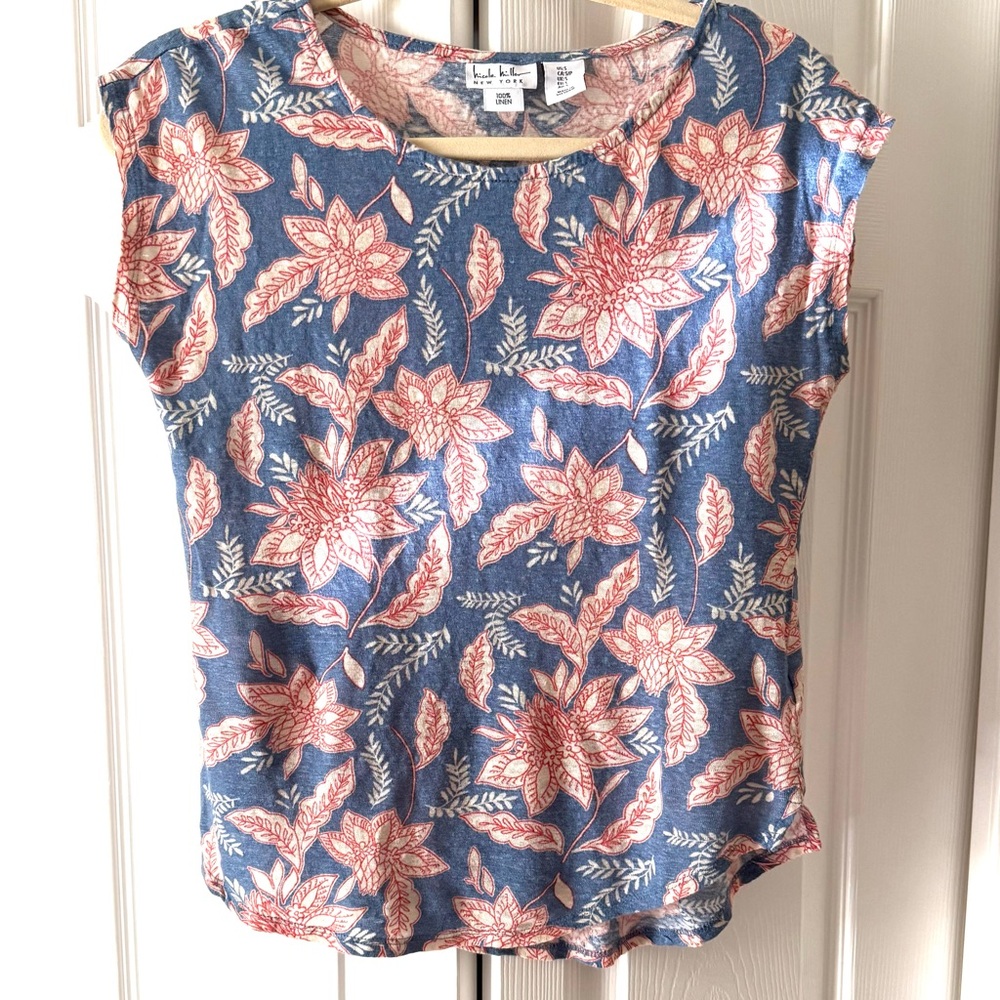 Nicole Miller Linen Top in Blue and Pink, Size Small